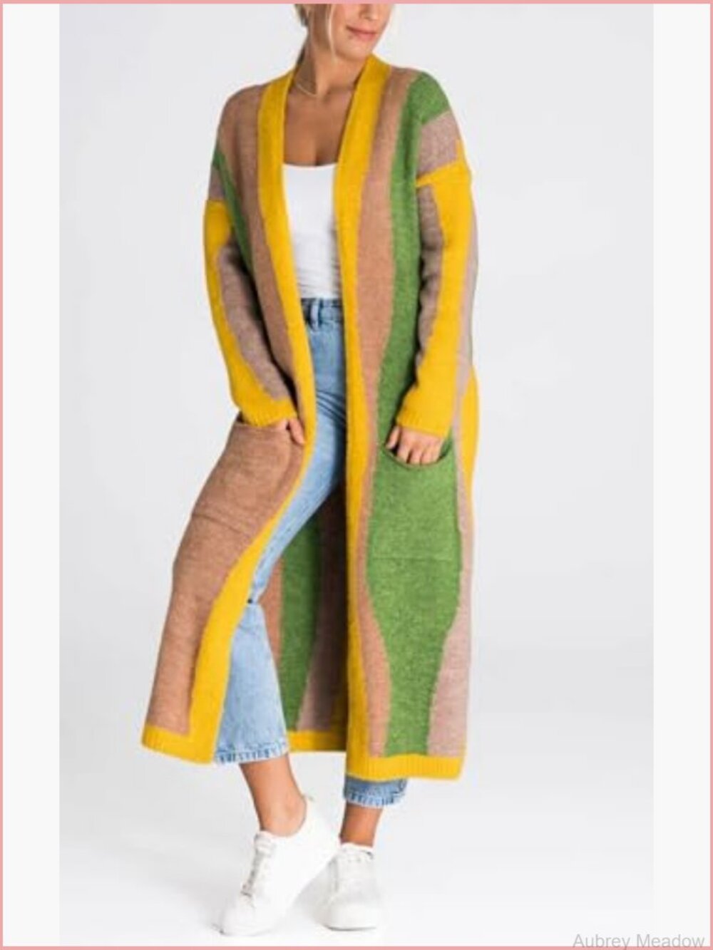 Open Front Color Block Long Cardigan Sweater Coat Casual Vertical Striped - Picture 4 of 4